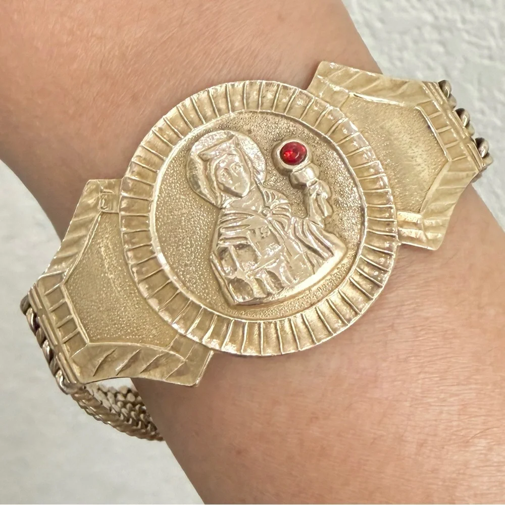 Vintage Saint Barbara Medallion Gold Triple Cuban Link Chain Religious Bracelet - Picture 4 of 16